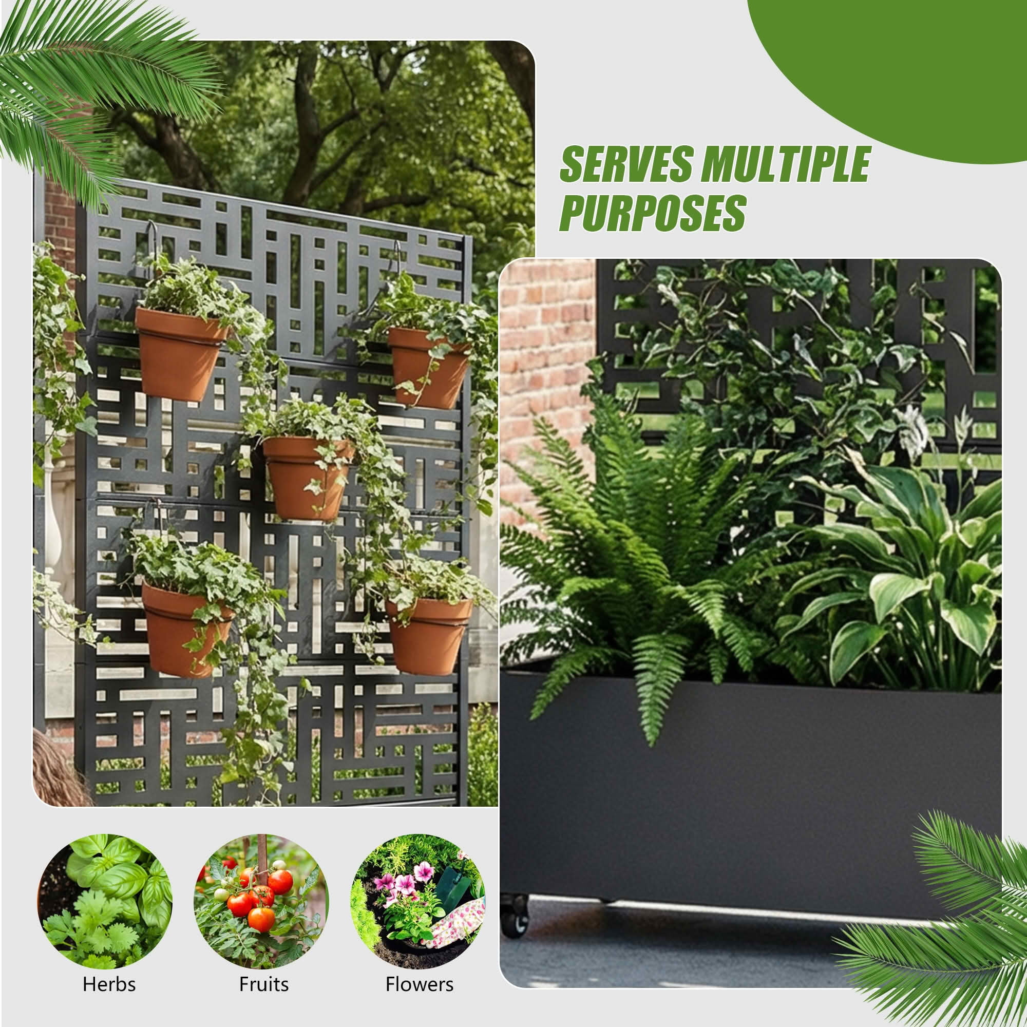 MAYEERTY 72X47" Metal Outdoor Black Privacy Screen with Planter Box for Backyard & Garden, 5 Piece Set, Double‑sided Installation