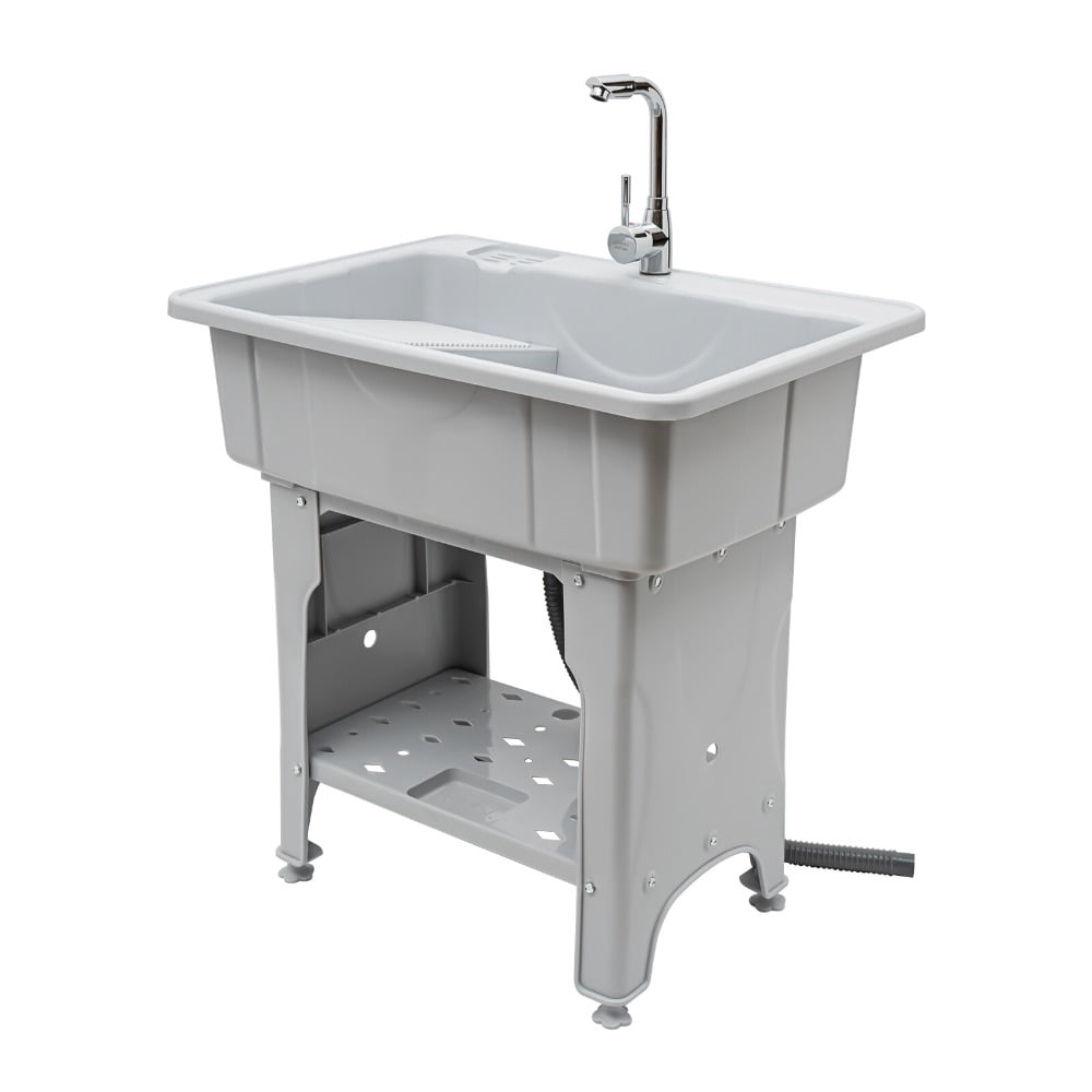 Freestanding Laundry Sink with Faucet, 31.5" Utility Sink with Removable Washboard & Storage Shelf, Heavy Duty Plastic Utility Tub for Laundry Room Garage Basement Pet Wash