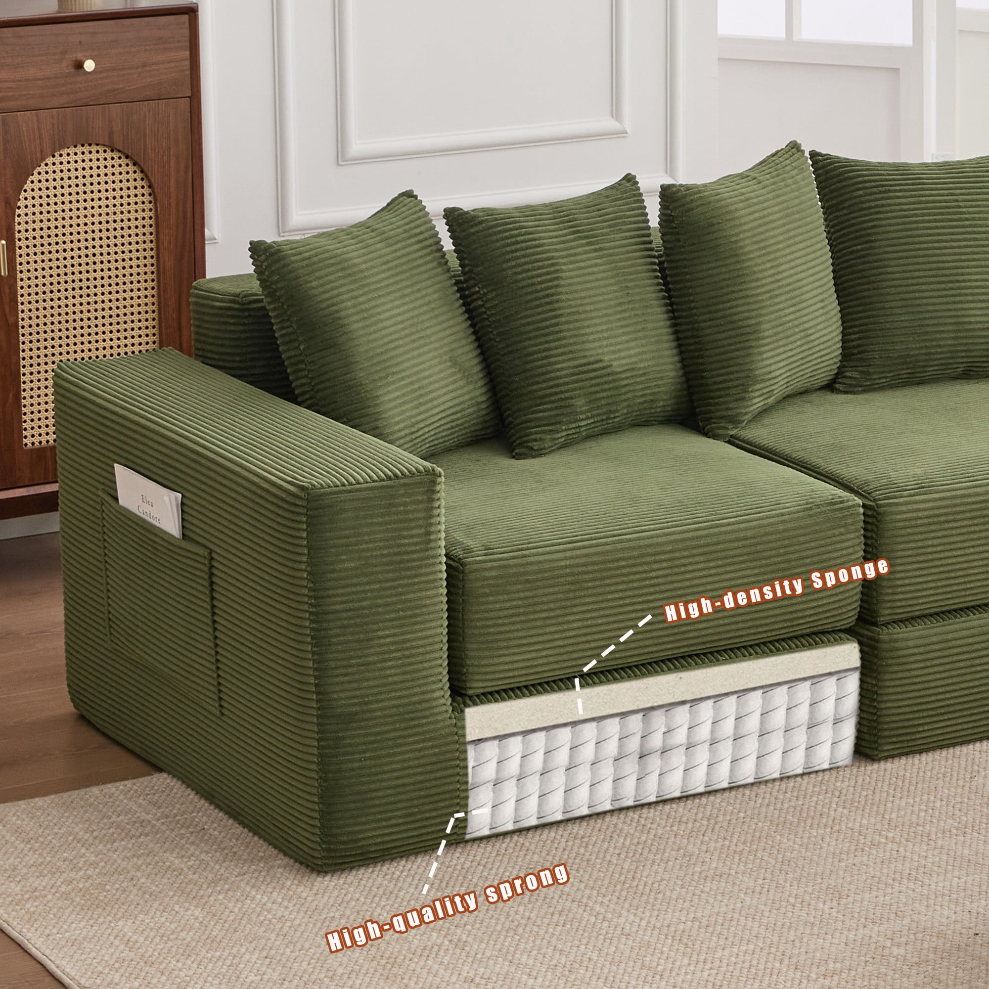Leumius Convertible Sectional Sofa,Corner Couch,Convertible Floor Sleeper Sofa,10-in-1 Corduroy Modular Sofa,Free Combination Sofa,No Assembly,6 Pillows,Green