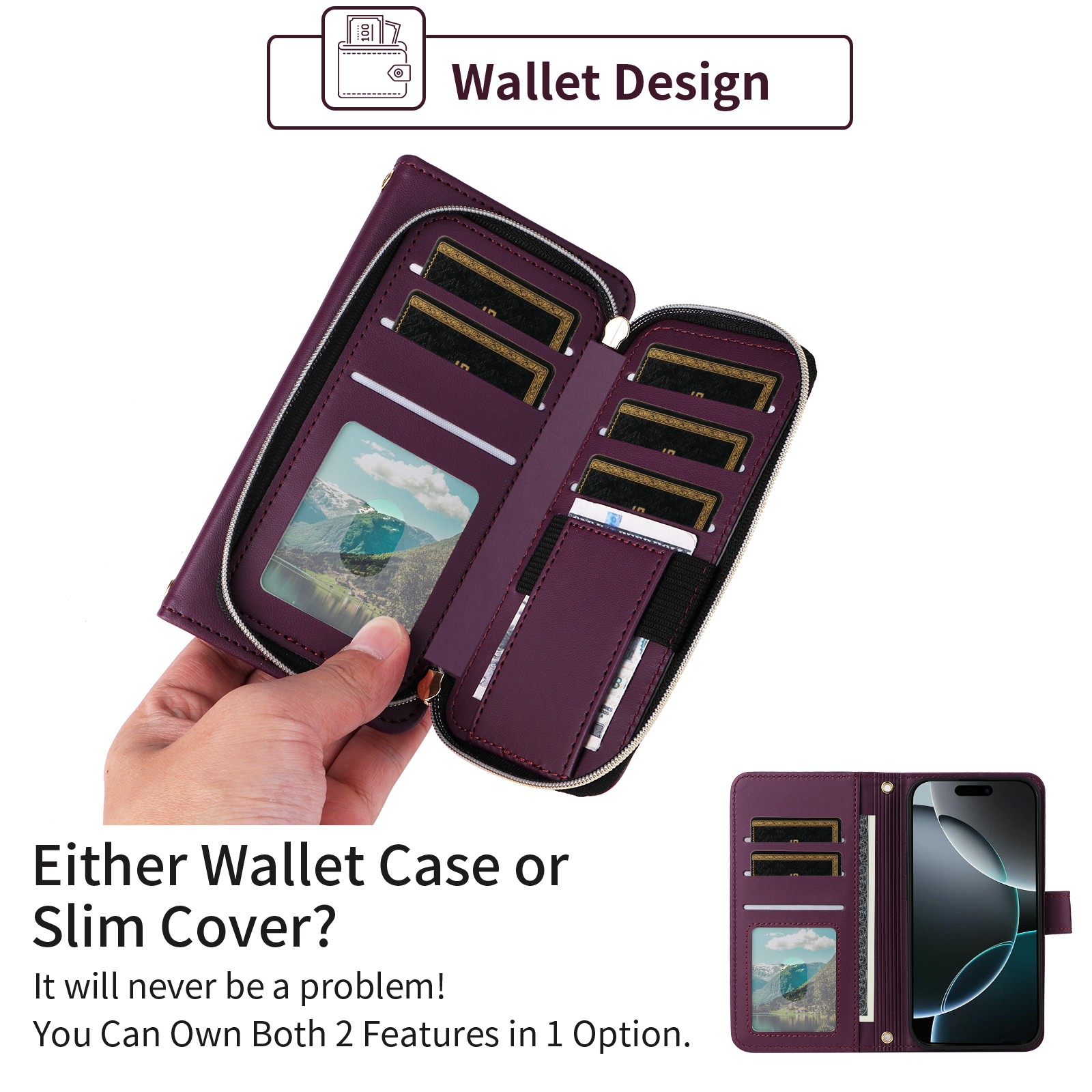 Furiet Argyle Wallet Case for iPhone 17 Pro Max 6.9 inch with Wrist/Shoulder Strap Card Slots Zipper Purse PU Leather Stand Phone Cover for i Phone17 17Pro i17 ProMax 17ProMax Women Girls Deep Purple