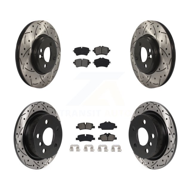 Transit Auto Front Rear Coated Drilled Slotted Disc Brake Rotors and Semi-Metallic Pads Kit for Car 2015 Mini Cooper 2.0L 1.5L with 294mm Diameter Rotor KDS-100938