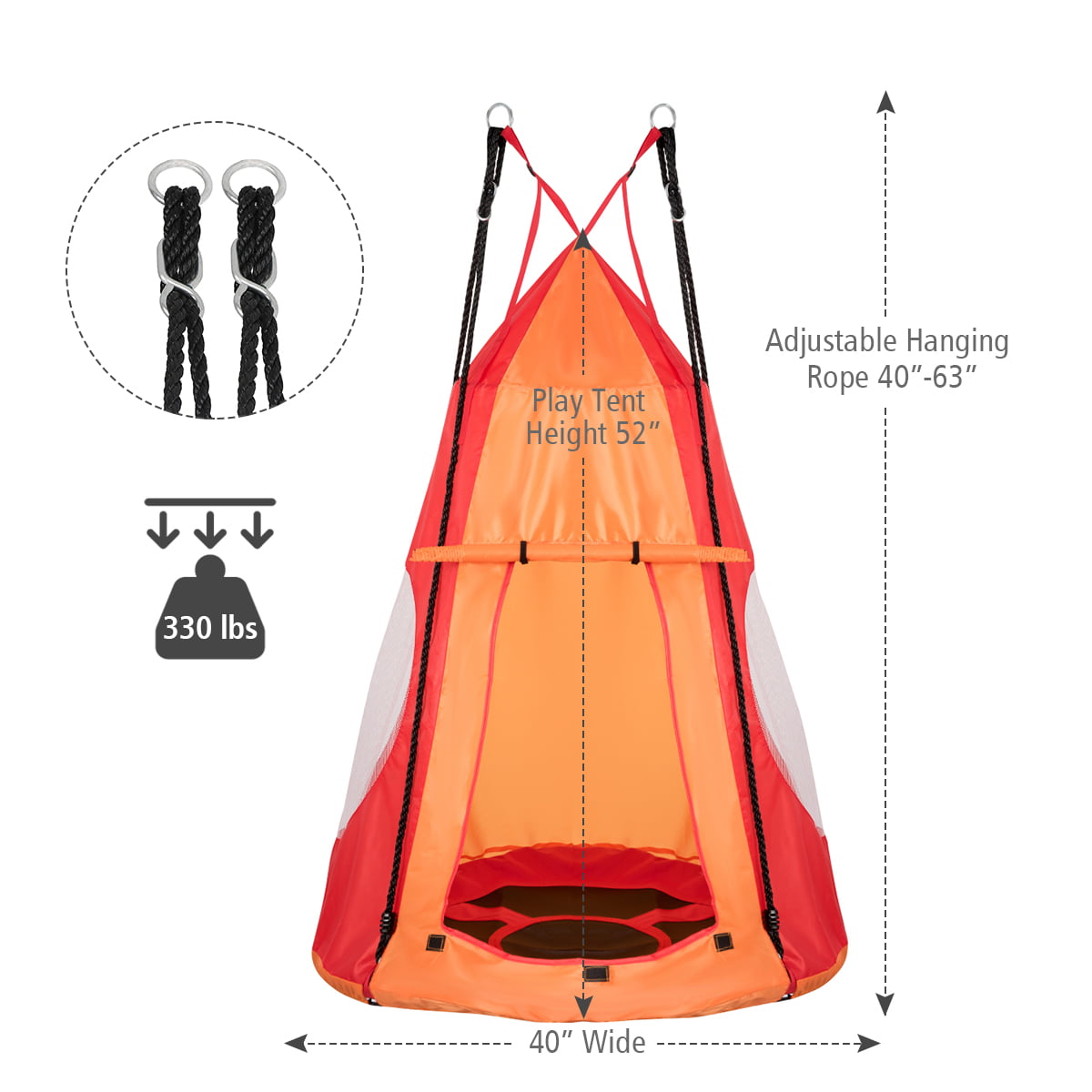 40" Kids Hanging Chair Swing Tent Set Hammock Nest Pod Seat Orange 