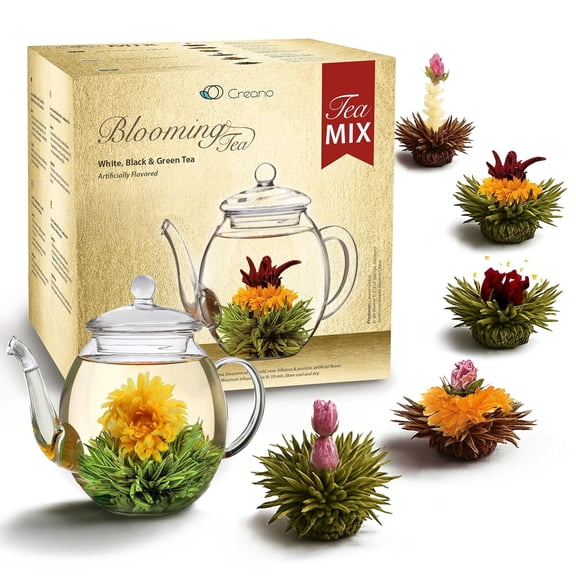 Tea Flowers Mix Golden Gift Set Blooming Tea with Glass Teapot White, Green & Black Tea in 6 Varieties Tea Flower Blooming Tea Gift for Women