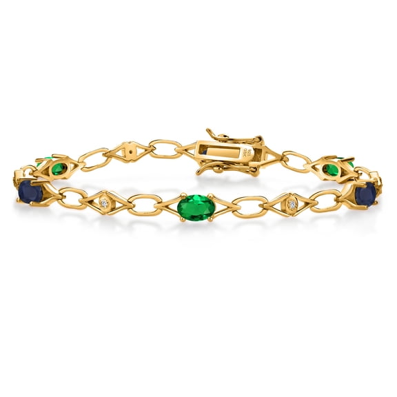 Gem Stone King 18K Yellow Gold Plated Silver Green Nano Emerald and Blue Sapphire and Round White Lab Grown Diamond Tennis Bracelet for Women (2.90 Cttw, Gemstone Birthstone, Oval 6X4MM, 7.25 inches)