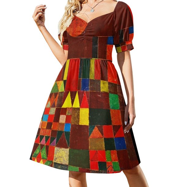 Paul Klee - Vestido de manga corta con bloques de color Castle and Sun Klee y firma Vestido largo de mujer Vestido