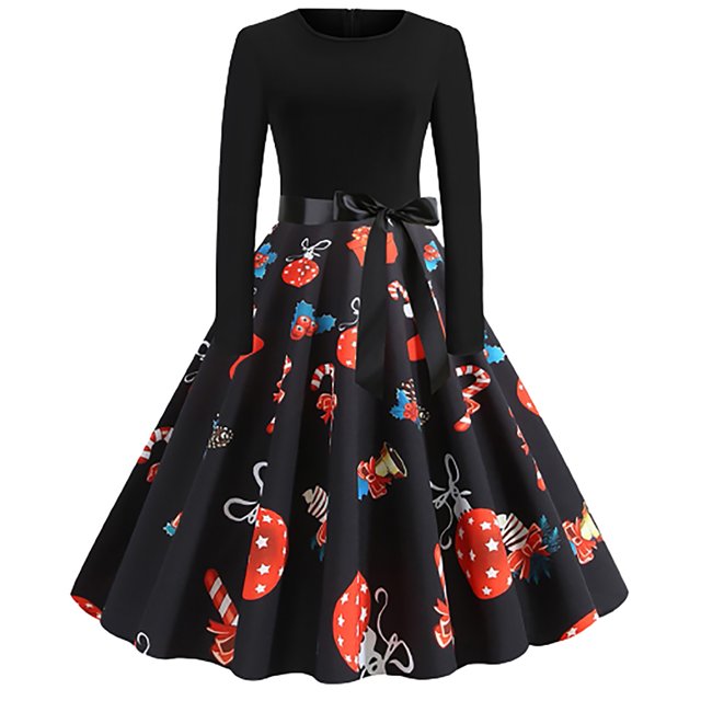 Pompotops Robe Vintage Imprimée à Manches Longues Col en V pour Femmes Soirée de Noël