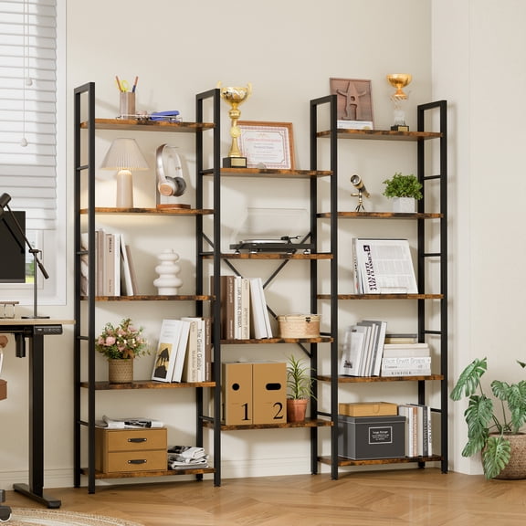 Walsunny Triple Wide 5 Tier Bookshelf Bookcase Wooden Bookshelves with 14 Open Display Shelves for Bedroom Living Room Home Office,Rustic Brown