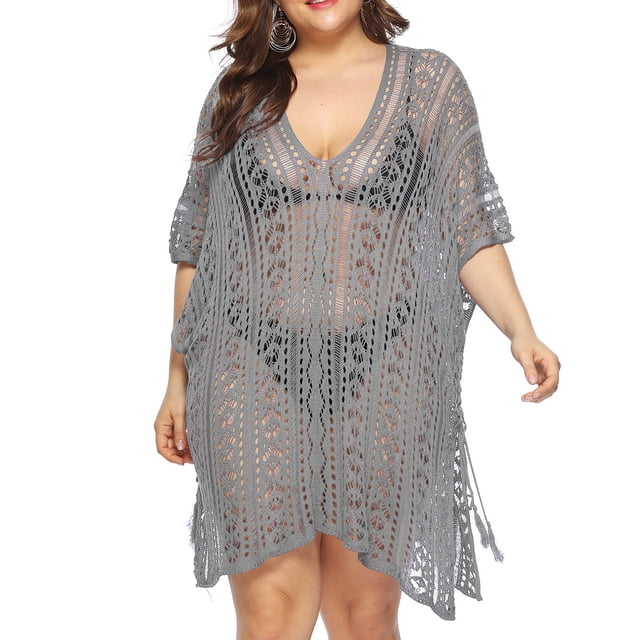 Maillots de Bain pour Femmes Mode Col Rond Manches Courtes Ample Ajouré Blouse de Maillot de Bain en Liquidation