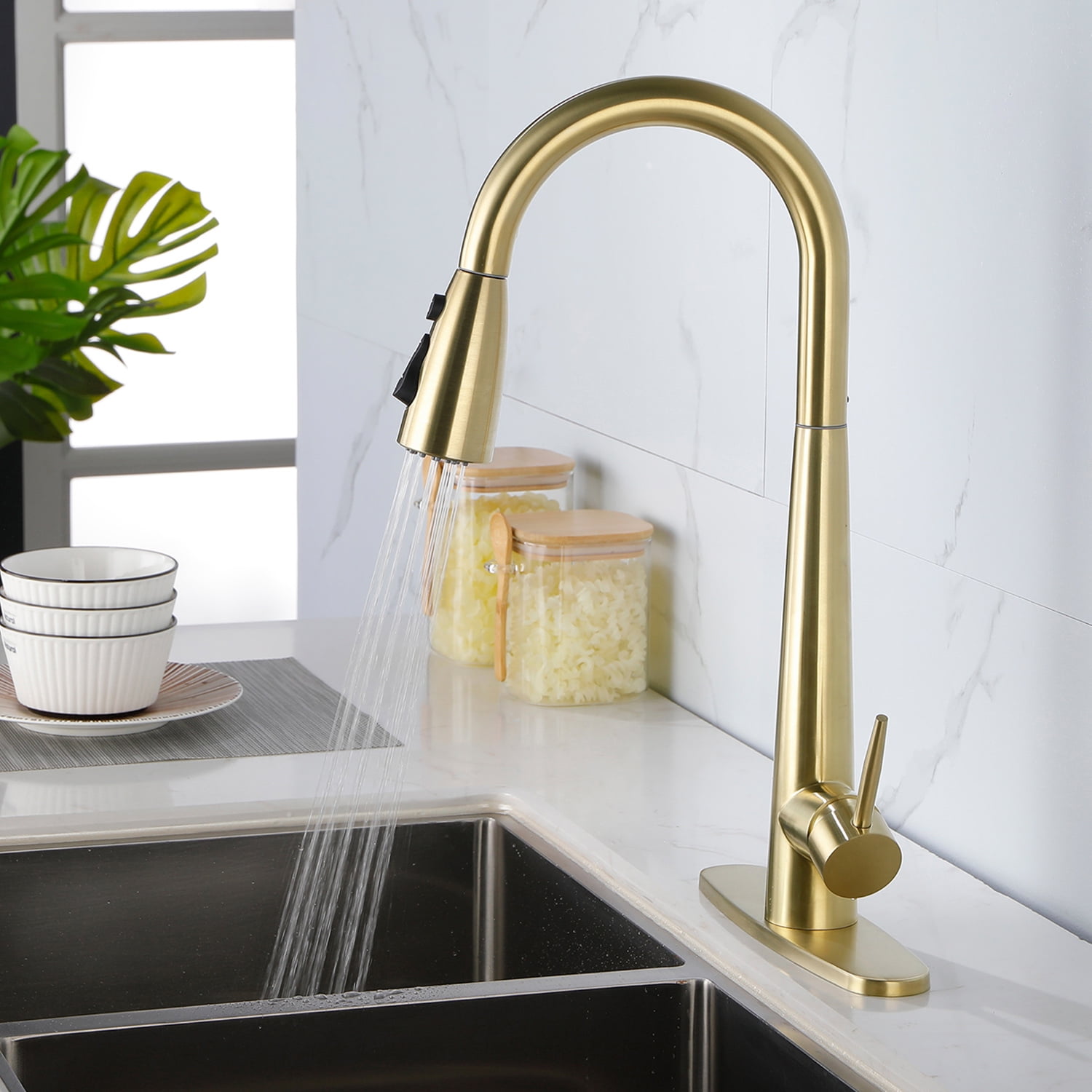 UWRNite Kitchen Faucet with Pull Down Sprayer Brushed Nickel, High Arc