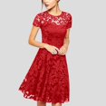 thumbnail image 2 of Womens Crew Neck Long Sleeve Spring Fall Dresses,Women's Summer Casual Solid Color O-neck Side Zipper Short-sleeve Stitching Lace With A-line Dress Red, 2 of 7