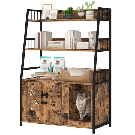 Baxluxe Large Cat Litter Box Enclosure with Shelf Storage, Hidden Cat Washroom Furniture, Wooden Cat House with Scratch Pad, Sturdy Indoor Cat Cabinet with 2 Doors, Brown