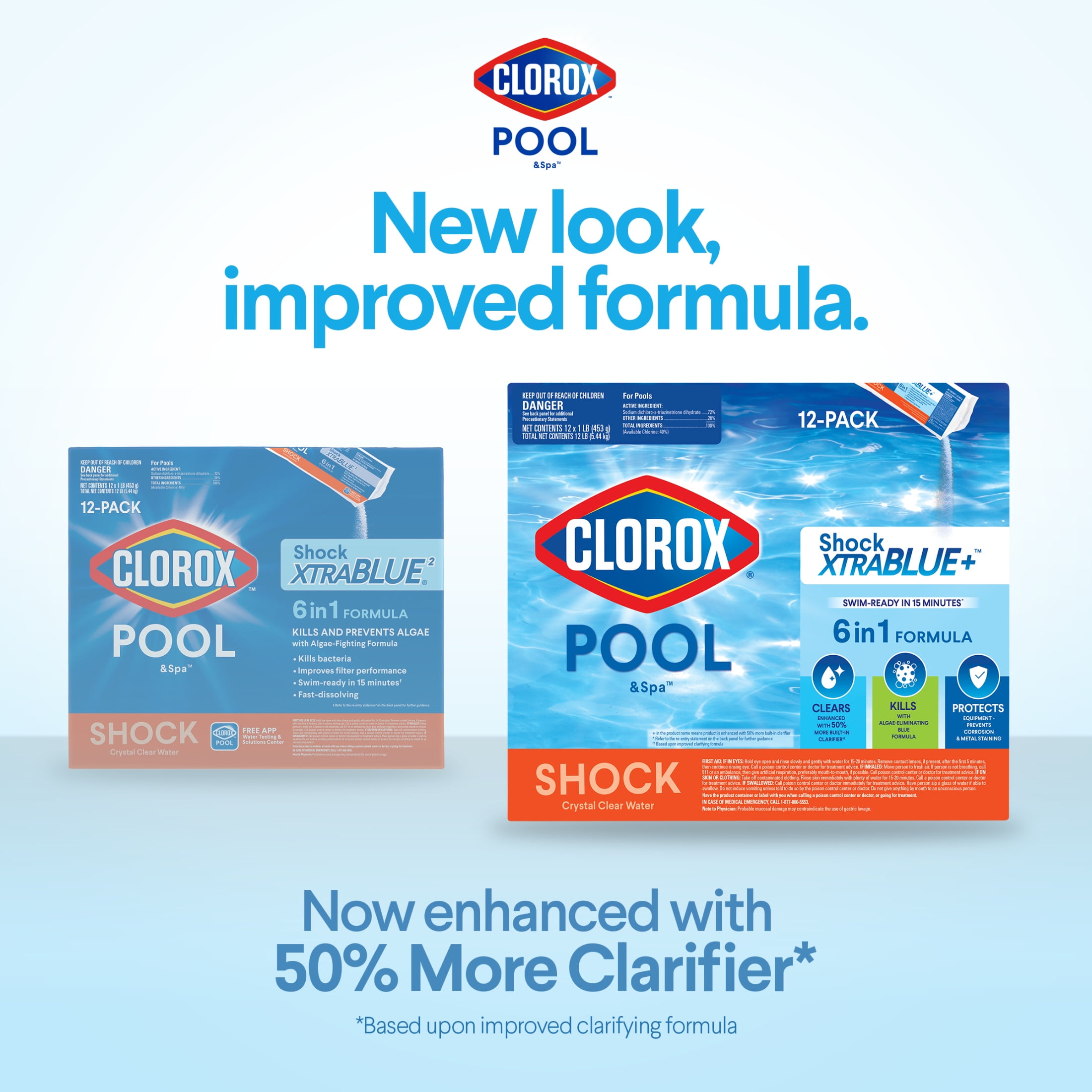Clorox® Pool&Spa Swimming Pool Shock XTRABLUE® Plus™ Granules, Kills Bacteria & Algae in Swimming Pools, Swim-Ready in 15 Minutes, (12-Pack)
