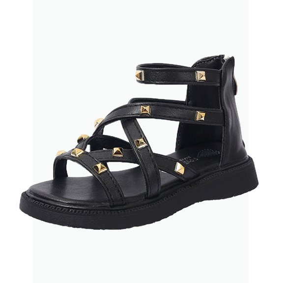 Gyujnb Girls Sandals Gold Studs Crisscross Straps Back Zipper Casual Outdoor Walking Shoes, Open Toe Flat Heel,3-3.5 Years