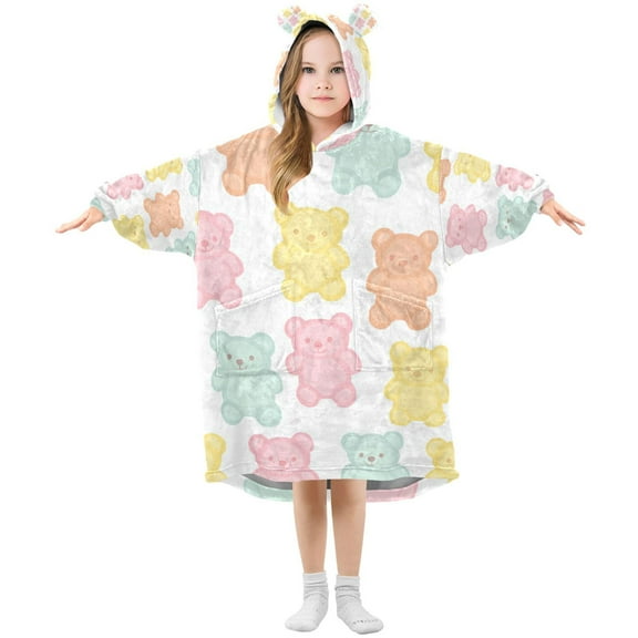 FORMRS Wearable Blanket Hoodie with Sleeves for Kids Cozy Flannel Sweatshirt, Cute Gummy Bears Pattern