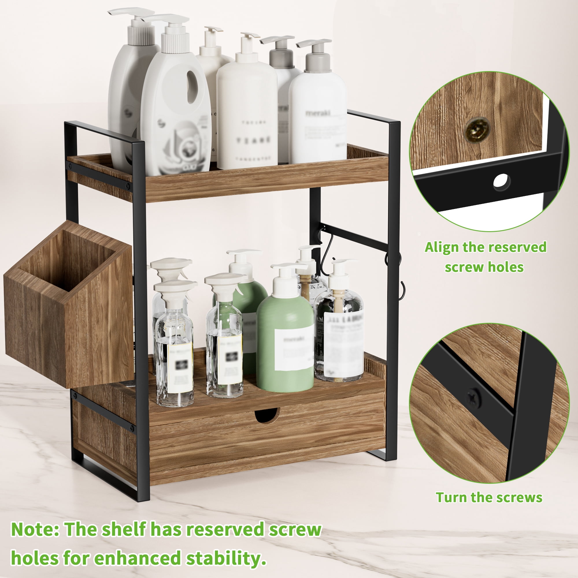 Gijjgole 2-Tier Bathroom Counter Organizer with Drawer and Basket, Wood Countertop Organizer for Storage, Skincare Organizers for Vanity, Counter Shelf for Bathroom Organization