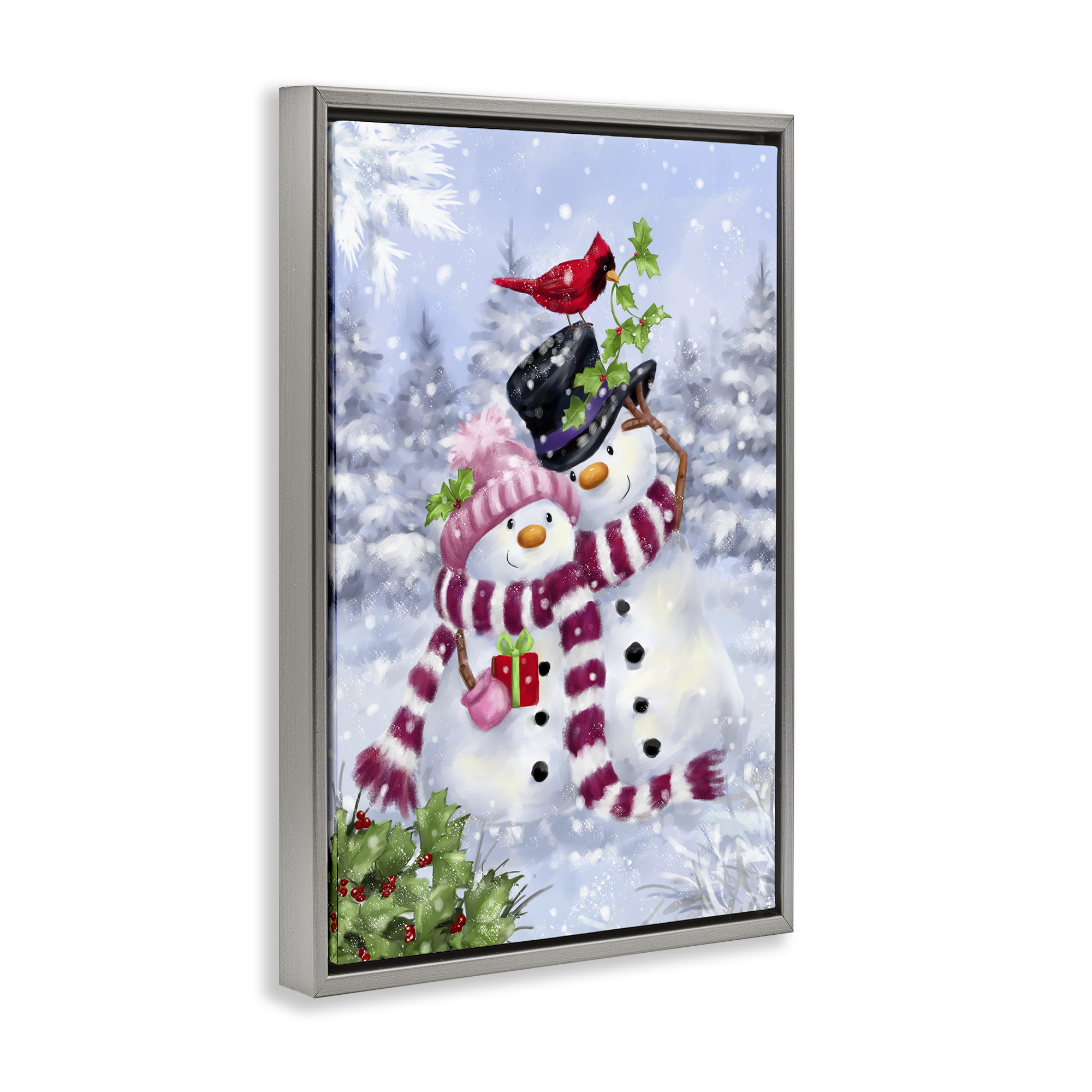 Stupell Industries Happy Snowman & Cardinal Holiday Painting Gray Floater Framed Canvas Art Prints Wall Art, 17 x 25