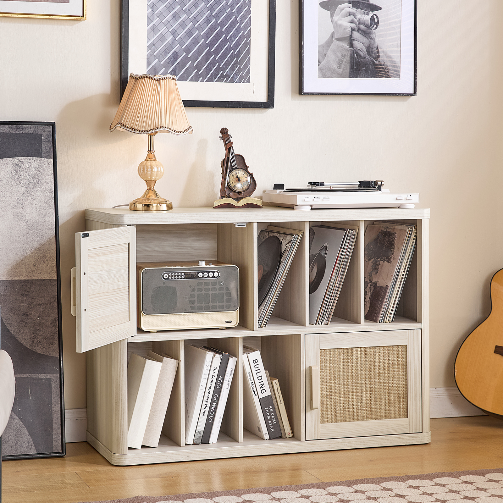 LELELINKY Rattan Record Player Stand, Large Turntables Stand with Vinyl Record Storage Holds up to 450 Albums, Record Player Table for Living Room Office, White