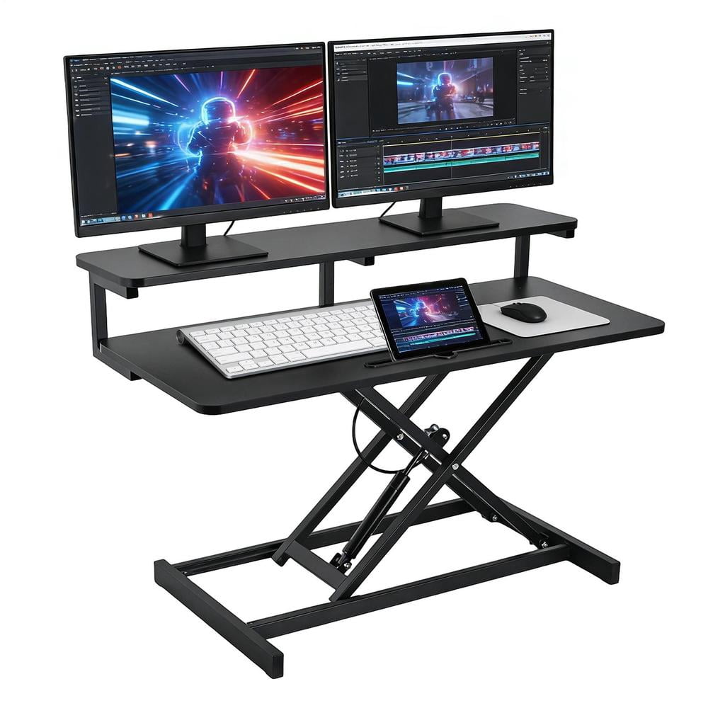 Standing Desk Converter - 37 Inch Adjustable Sit to Stand Up Desk Workstation, MDF Wood, Ergonomic Desk Riser with Keyboard Tray, Desktop Riser for Home Office Computer Laptop