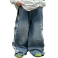 thumbnail image 1 of Boys' Baggy Jeans Straight Leg Jeans With Pockets Elastic Waist Distressed Ripped Denim Pants With Holes，, 1 of 5