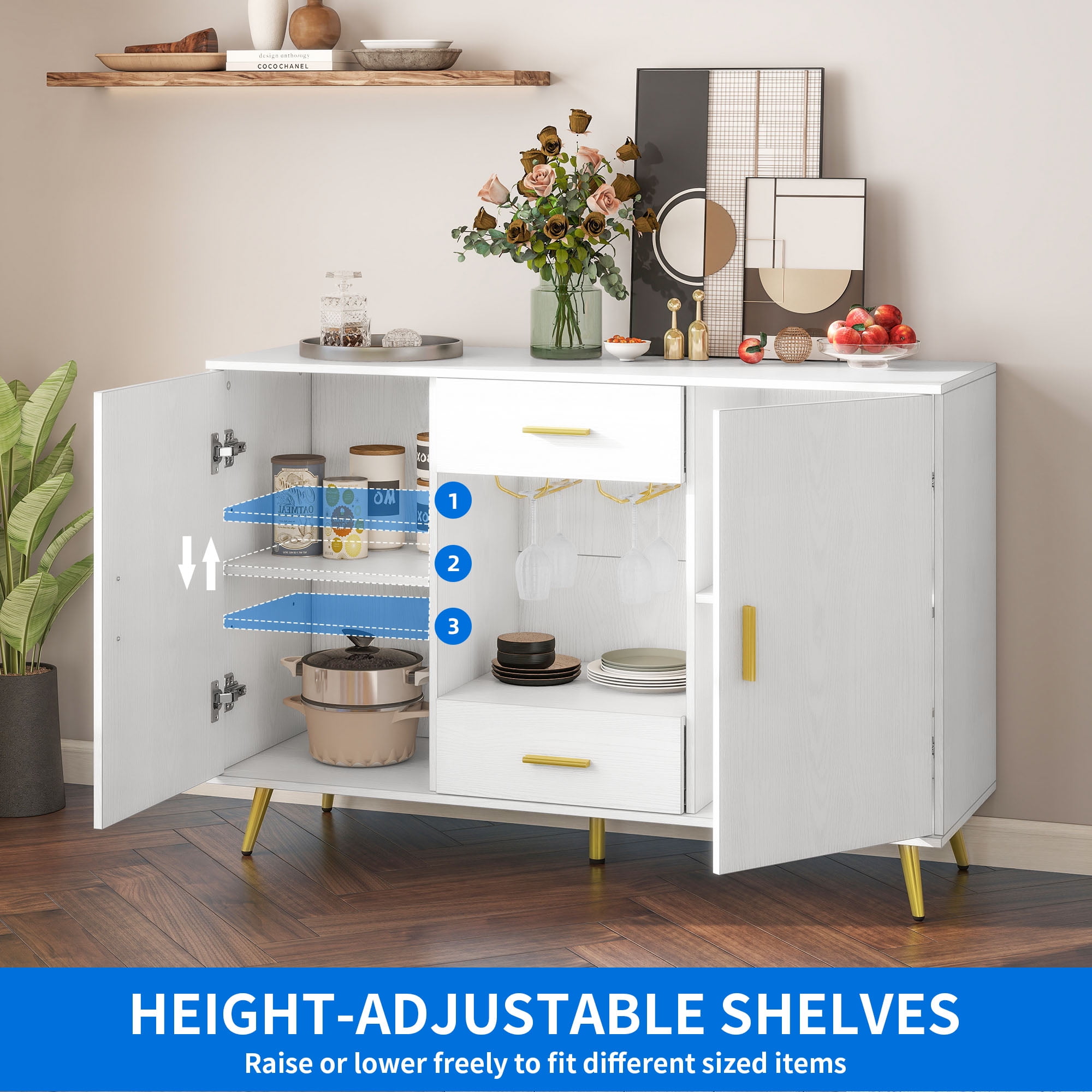 DEXTRUS Sideboard Storage Cabinet with Doors & Drawers, Coffee Bar Cabinet, Kitchen Buffet with Adjustable Shelf, Wine Glass Holder, White