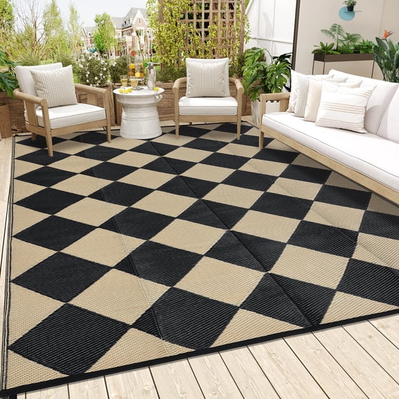 Geometric Outdoor Rugs 10x14 Reversible Mats Outdoor Rugs for Patio Clearance, Plastic Straw Rug Waterproof Outdoor Area Rug for RV, Backyard, Deck, Picnic, Beach, Trailer Camping Black/Beige