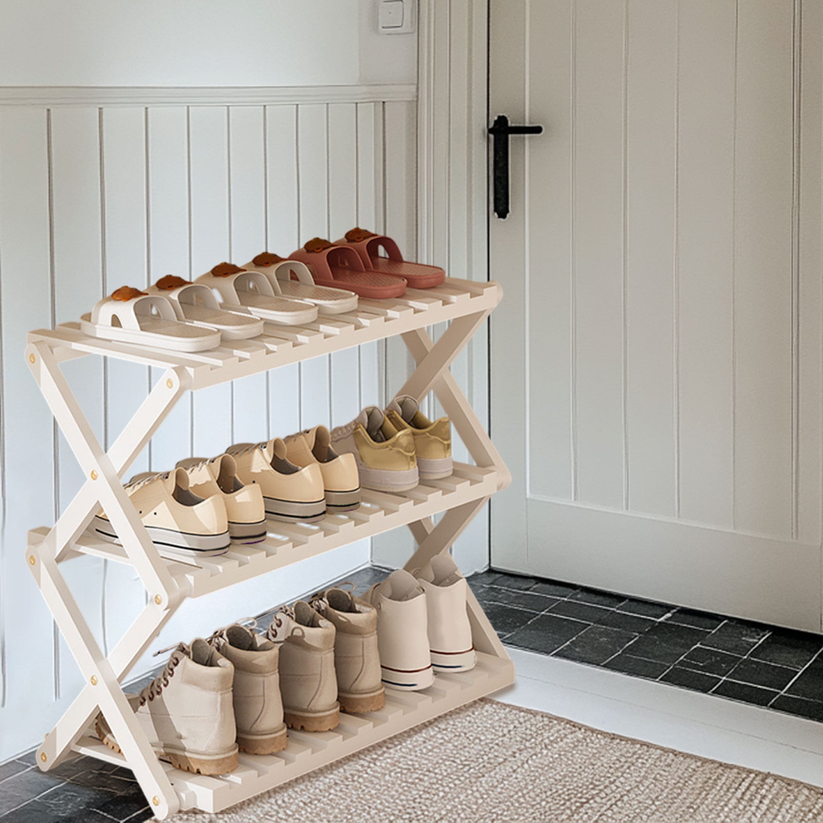 DAMAI 3 Tier Bamboo Shoe Rack,Portable Folding Multifunctional Free Standing Shoe Shelf Storage Shoe Storage Rack,Without Installation Small Shoe Rack Perfect for Corridors,Bedrooms and Small Spaces