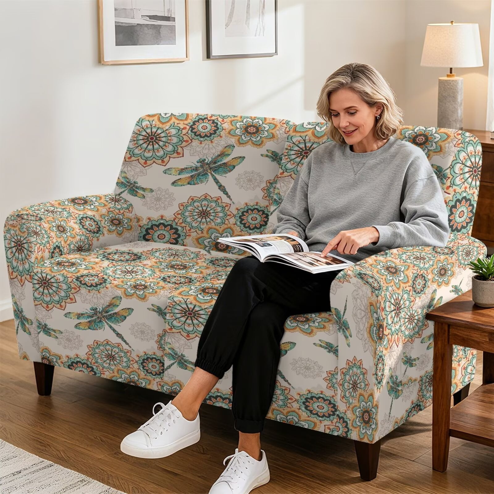 Yuyamidu Boho Mandala Loveseat Recliner Covers 2 Seater Dragonfly Recliner Loveseat Slipcover with Elastic Edge Easy to Install Furniture Protector