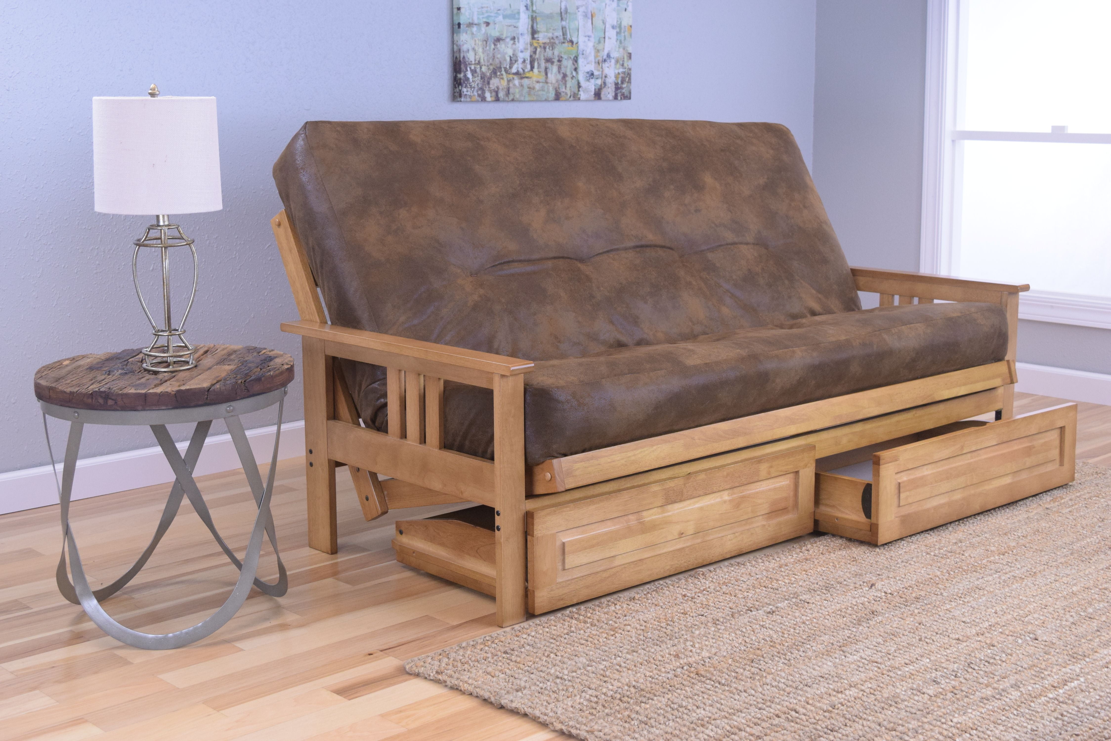 Andover Full Size Futon Sofa Bed and Drawer Set, Honey Oak Wood Frame