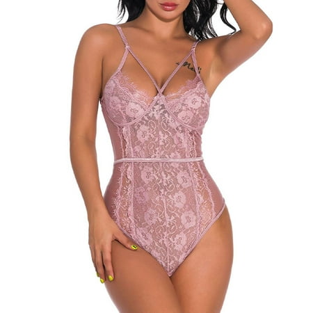 

Woobling Ladies Bodysuit Floral Sleepwear Backless Lingerie Women Sexy Club Nightwear Pink S