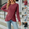 thumbnail image 2 of comerut Women Fall Winter Sweater Button Decor Round Neck Long Sleeve Thick Warm Asymmetric Hem Knitted Elastic Pullover Soft Striped Texture Lady Sweater, 2 of 7