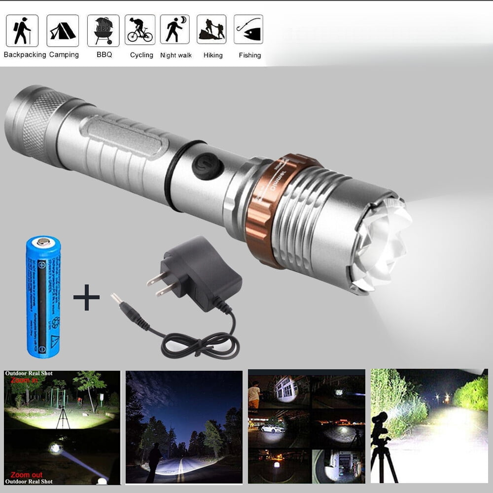 Rechargeable LED Flashlight 5 Modes Zoomable 100m Tactical Torch with 18650 Battery and Charger, Aluminum Alloy Portable Survival Light for Camping Hiking Emergency Night Outdoor Gear