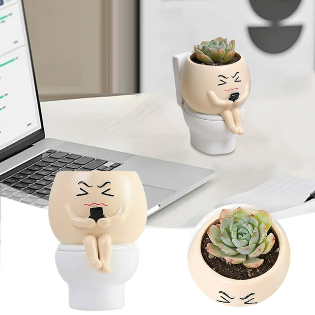 Pot de Toilette Drôle Design Fantaisiste pour Intérieur Conteneur de Succulentes en Forme de Tête Idée Maison