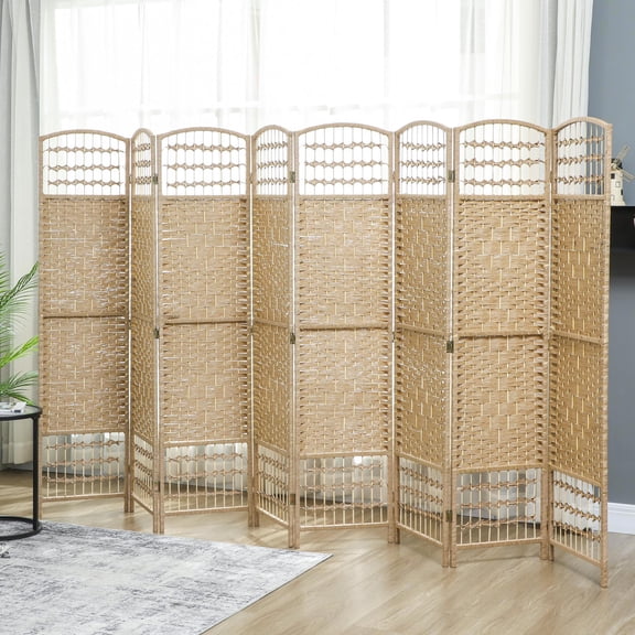 GVN Room Separation Divider,8 Panel Folding Room Divider Portable Privacy Screen Wave Fiber Room Partition for Home Office, Natural