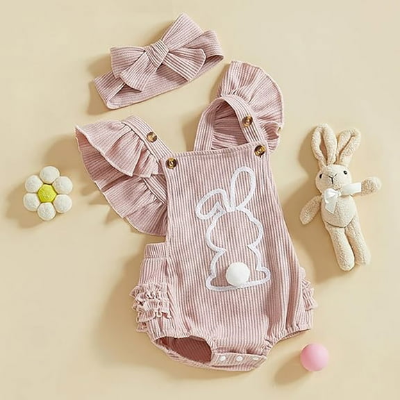 Easter Outfit Toddler Boy Funny Bunny Letter Embroier Fly Sleeve Romper Bodysuit Outfits Baby Girl for Babies 12-18 Months