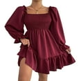 thumbnail image 1 of Womens Mini A-Line Dress Sexy Long Sleeve Square Neck Smocked Ruffle Plain Dresses Apricot XL, 1 of 5