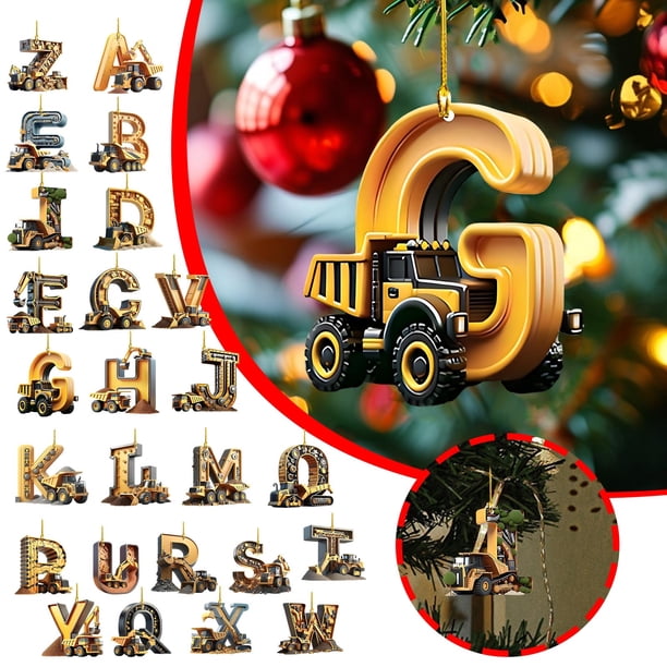 Xihbxyly Adornos para Vehículos de Construcción con Letras Del Alfabeto, Estilo Camión de Construcción, Colgantes con Letras Vibrantes, Diseño Fácil de Colgar, Perfectos para Árbol de Navidad, Decora