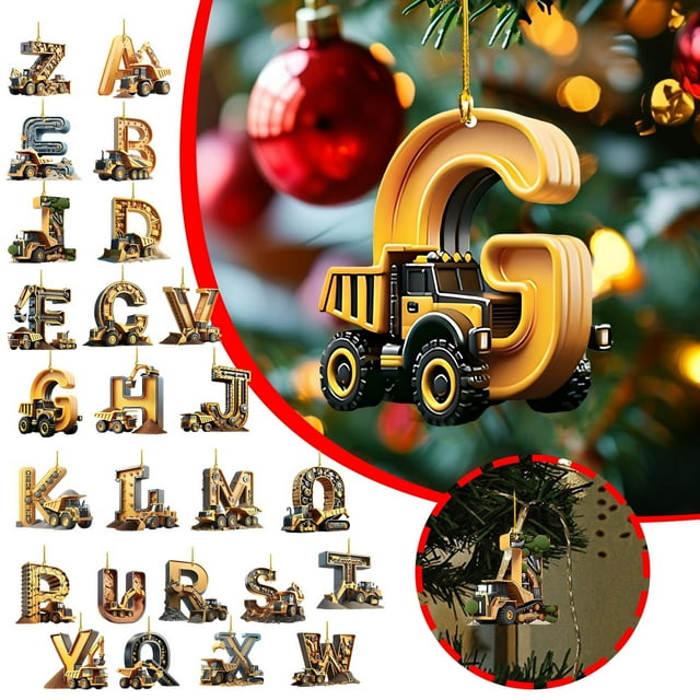 Fiudx Adornos para Vehículos de Construcción con Letras Del Alfabeto, Estilo Camión de Construcción, Colgantes con Letras Vibrantes, Diseño Fácil de Colgar, Perfectos para Árbol de Navidad, Decoració