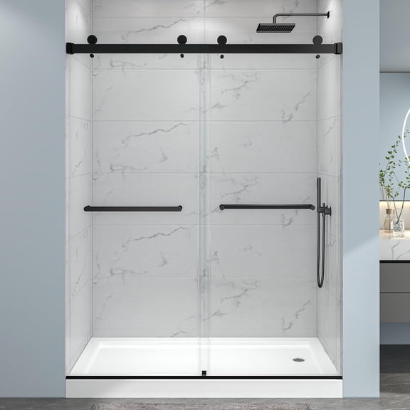 55"-60"W x 76"H Frameless Double Sliding Shower Door, 5/16" Glass, Matte Black