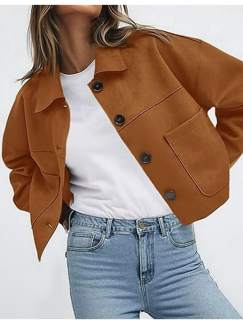 PRETTYGARDEN Women's Faux Suede Cropped Jacket Casual Fall Fashion
