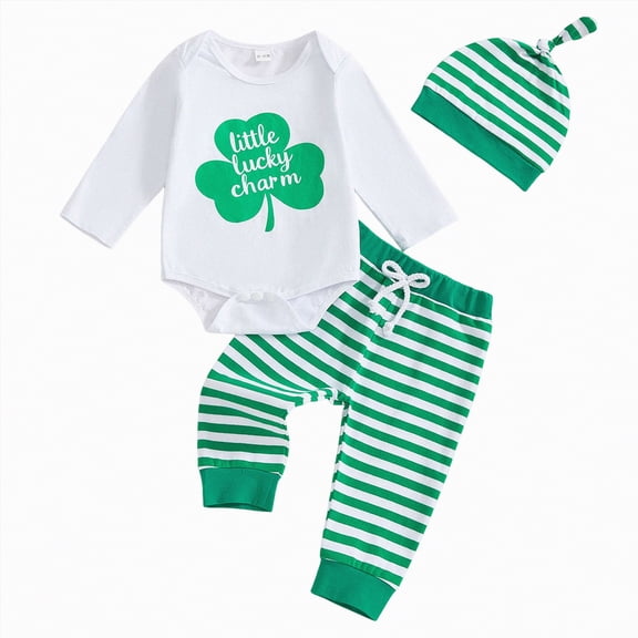Leey-World Newborn Baby Boy St. Patricks Day Outfit Little Lucky Charm Romper Shamrock Long Pants Hat 3Pcs Clothes Set|White,3M