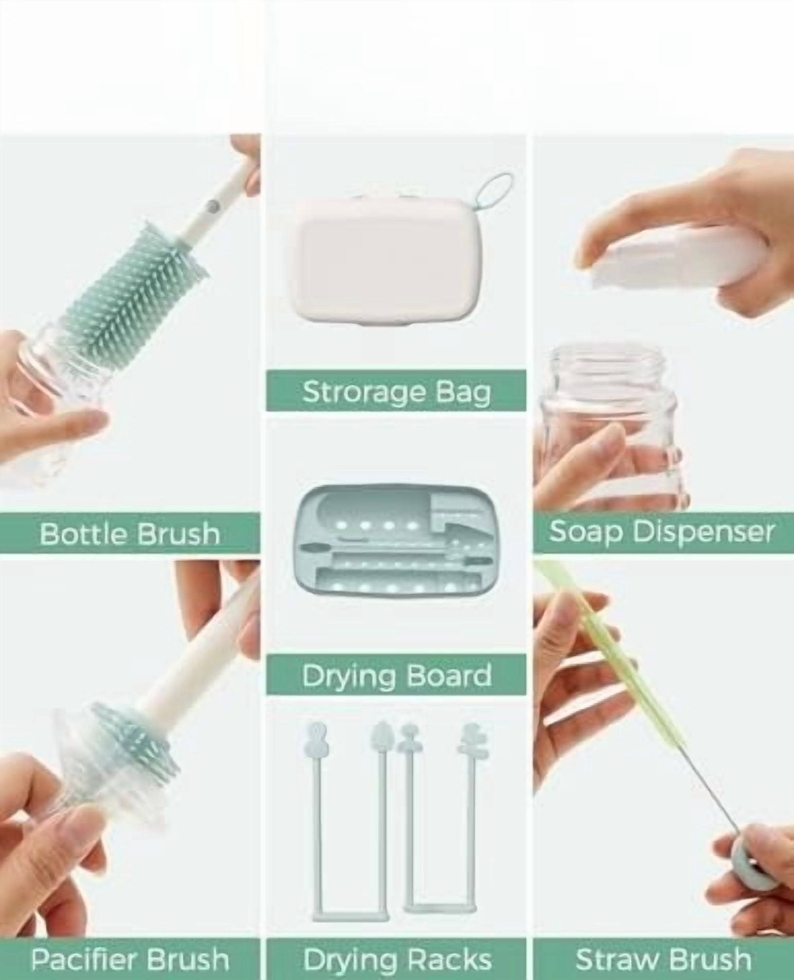 Bottle Brush Set - Baby Bottle Cleaner Kit with Silicone Brush, Nipple Brush, Straw Brush, Soap Dispenser, Drying Rack - 7 in 1 Bottle Cleaning Tool for Home and Travel, Green