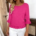 thumbnail image 2 of CAIVO Women Blouses Dressy Casual Linen Round Neck Ruffle Sleeve Loose 3/4 Sleeve O-Neck Solid Color Leisure Tops, 2 of 5