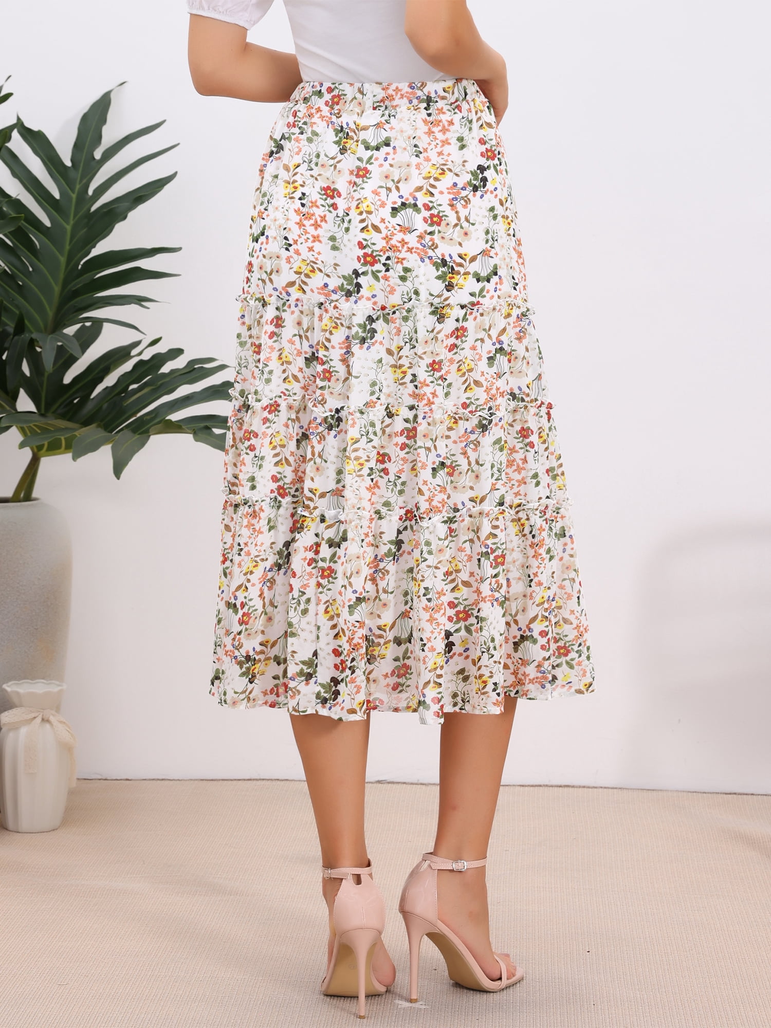 DARING DIVA Women's Floral Chiffon A-line Long Tiered Ruffle Maxi Skirt M Beige-1
