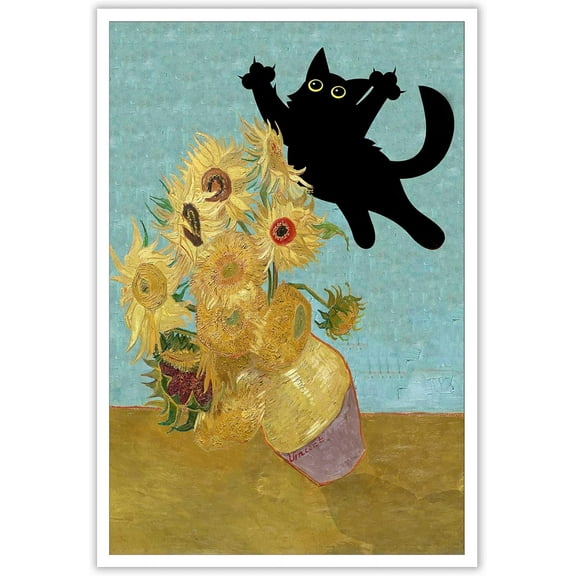 Funny Black Cat Art Poster Vintage Van Gogh Sunflower Cat Print Canvas Wall Art Cute Animal Room Aesthetic Prints Painting For Home Bedroom Dorm Wall Decor 12x16in Unframed