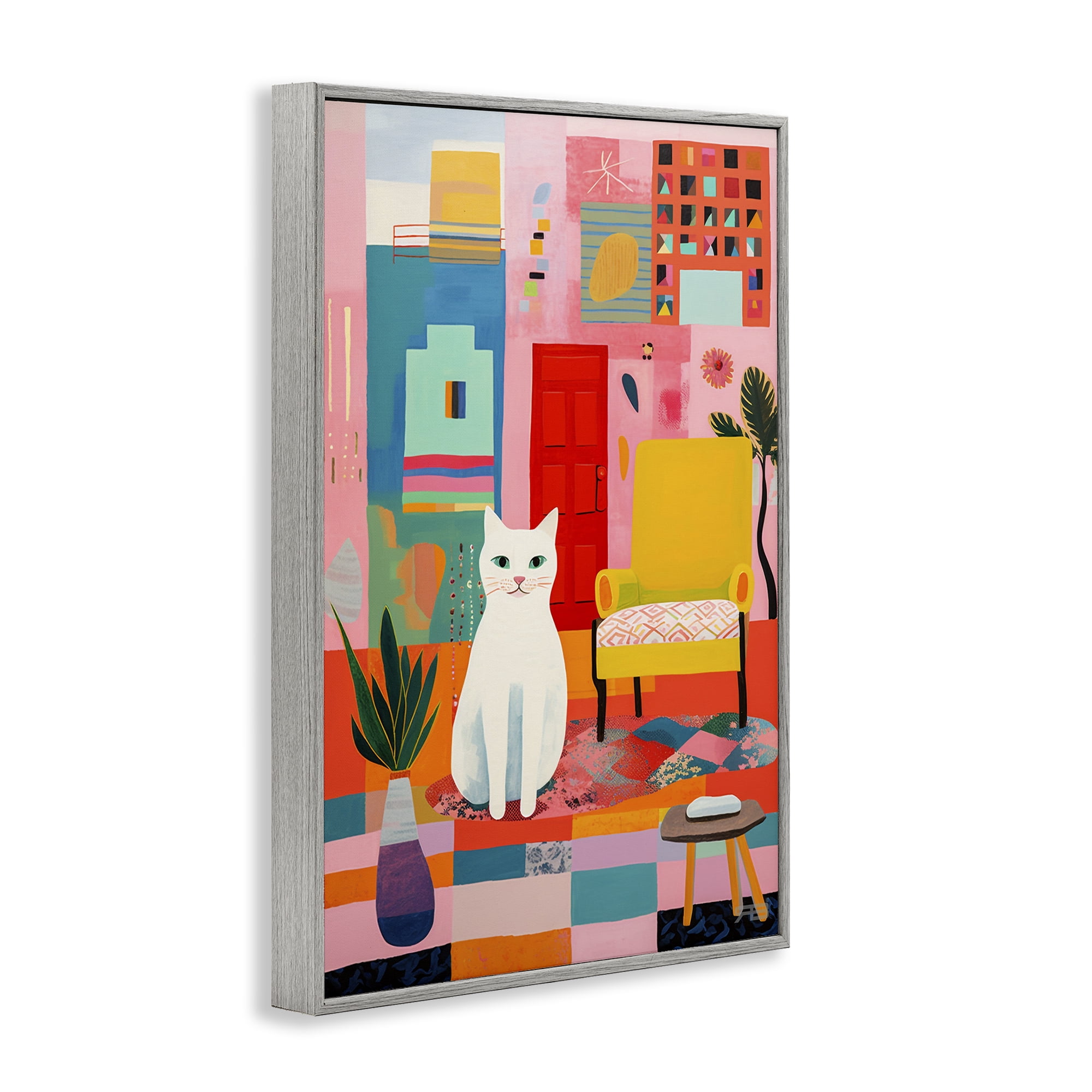 Stupell Industries Cat & Eclectic Design Animals & Insects Painting Gray Framed Art Print Wall Art, 16 x 24