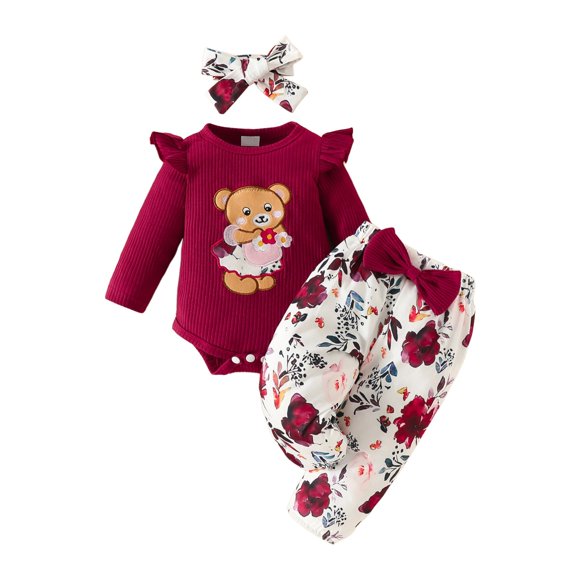 Ymyiu Baby Girl Coming Home Outfit Baby Girl 3-Piece Outfit Set: Soft Infant Romper + Comfy Toddler Pant + Cute Headband (Red,3-6 Months)