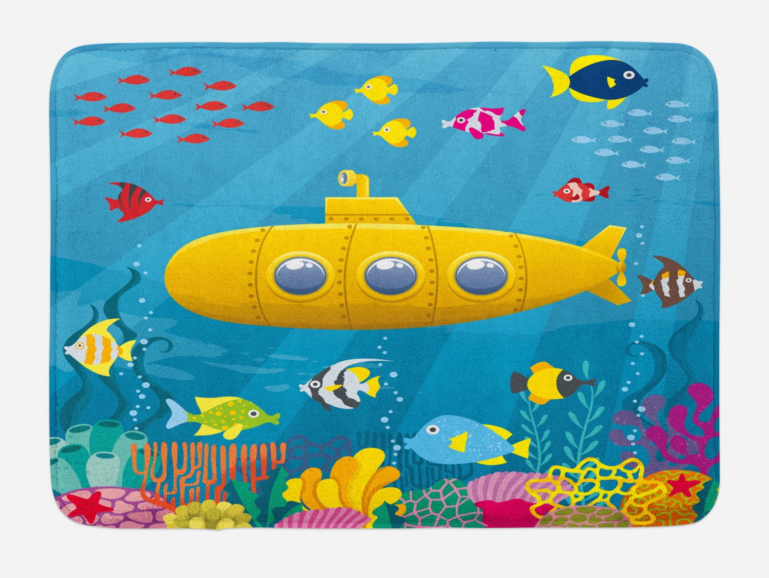 Yellow Submarine Bath Mat, Coral Reef with Colorful Fish Ocean Life