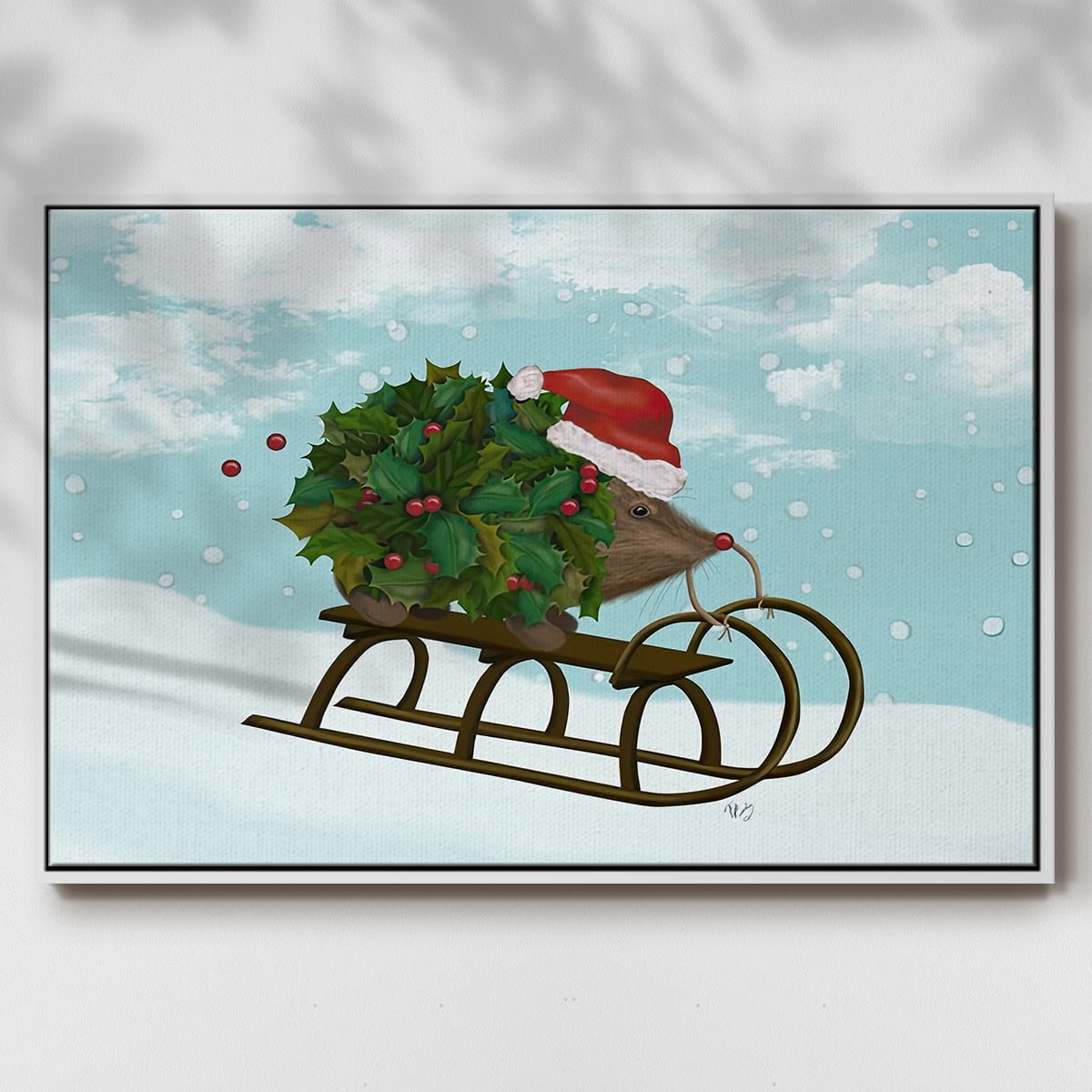 Christmas Holly Hedgehog Sledding - Framed Gallery Wrapped Holiday Canvas - 17 x 25 - White Frame
