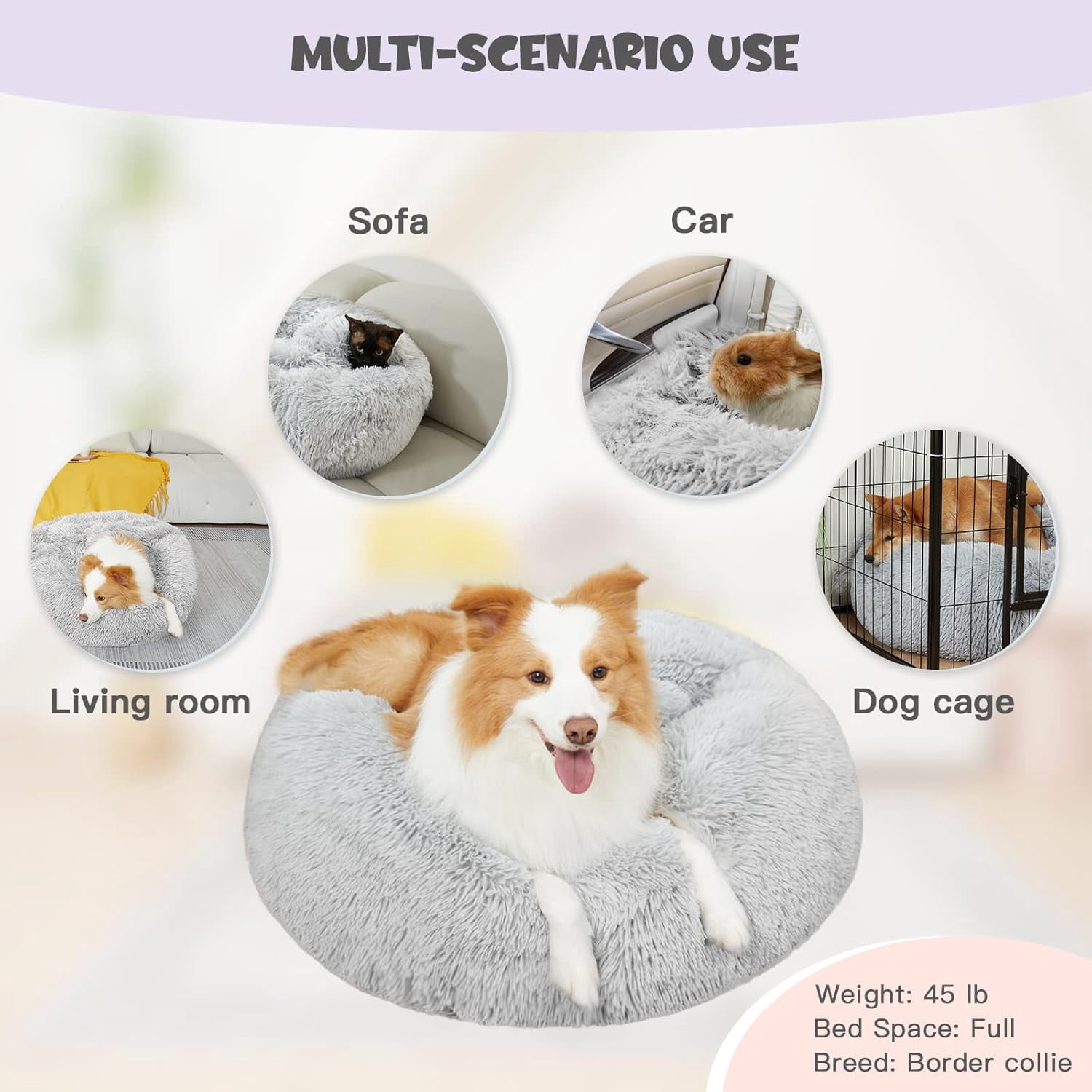 Dog Beds for Large Dogs, Donut Dog Bed with Blanket, Cozy Soft Fluffy Round Dog Bed, Calming Dog Bed Washable (20"/26"/35") Light Grey