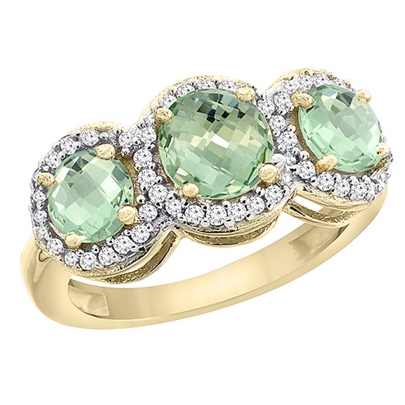14K Yellow Gold Natural Green Amethyst Round 3-stone Ring Diamond Accents, size 6